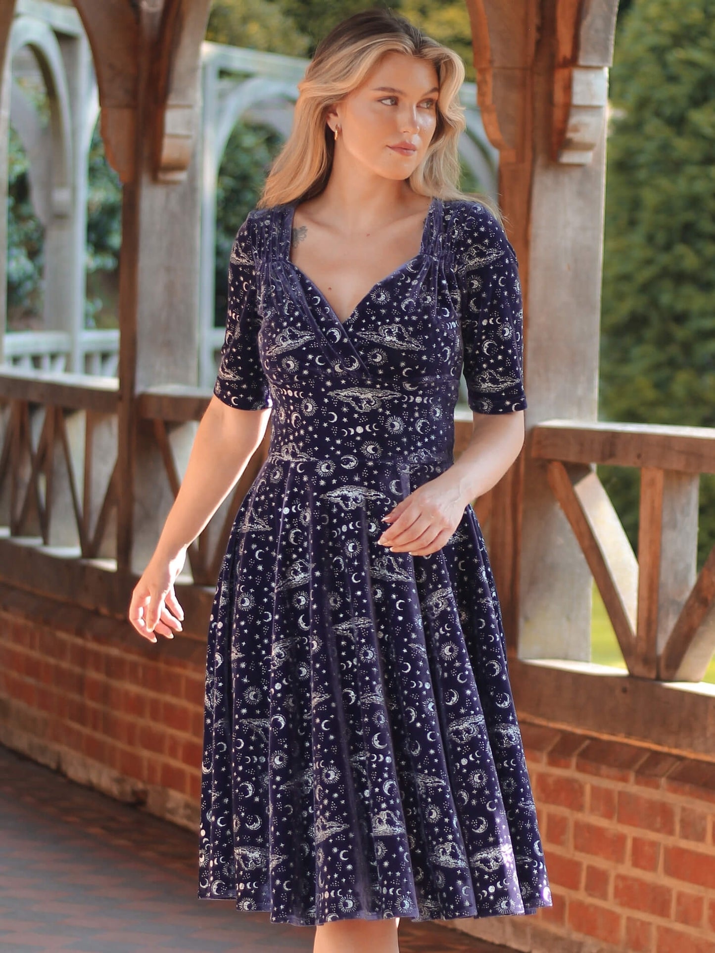 Collectif Trixie Celestial Velvet Swing Dress - Purple - Kate's Clothing