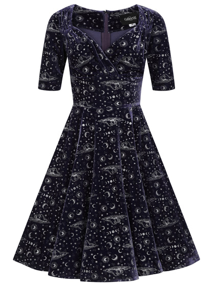 Collectif Trixie Celestial Velvet Swing Dress - Purple - Kate's Clothing